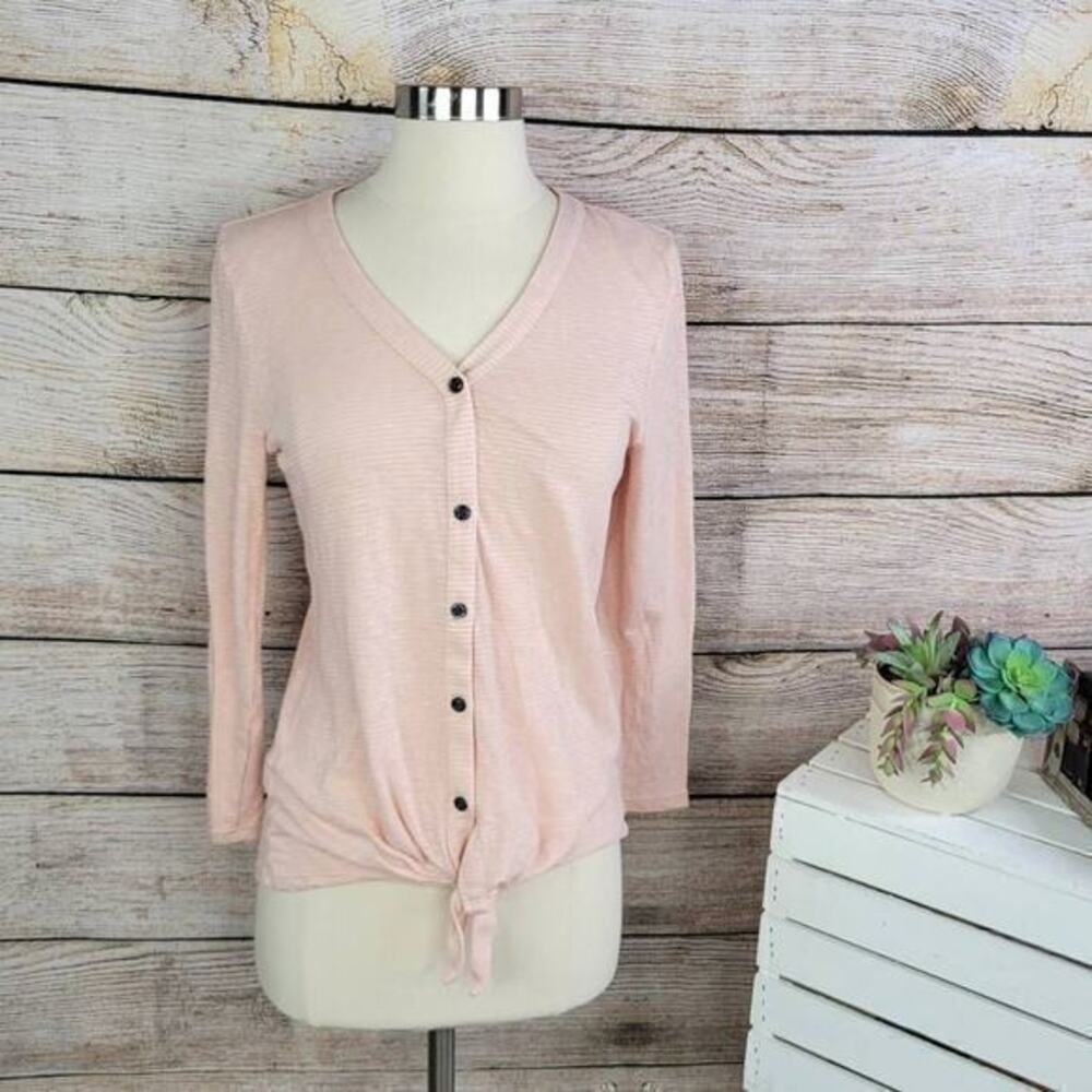 LOFT Striped Button Down Tie Knot Hem Cardigan Top Pink Size Extra Small